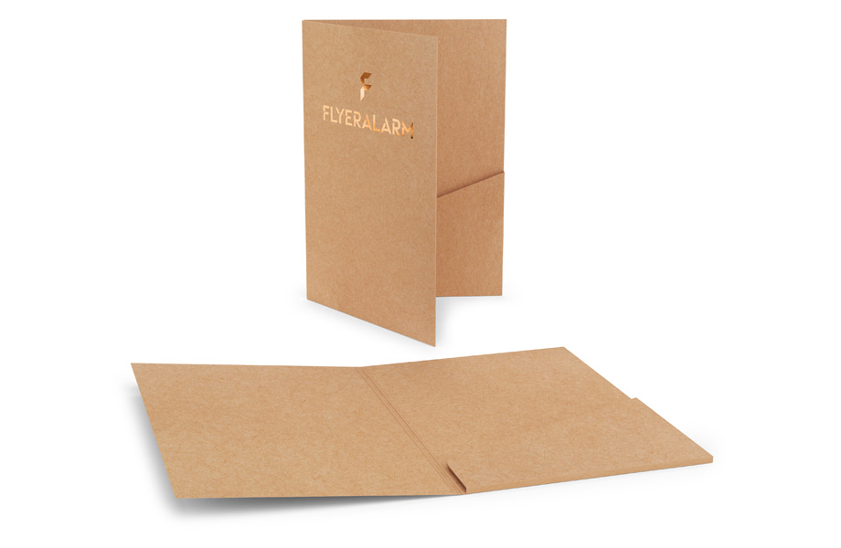 Folders with glued pocket, recycled cardboard with copper hot foil
