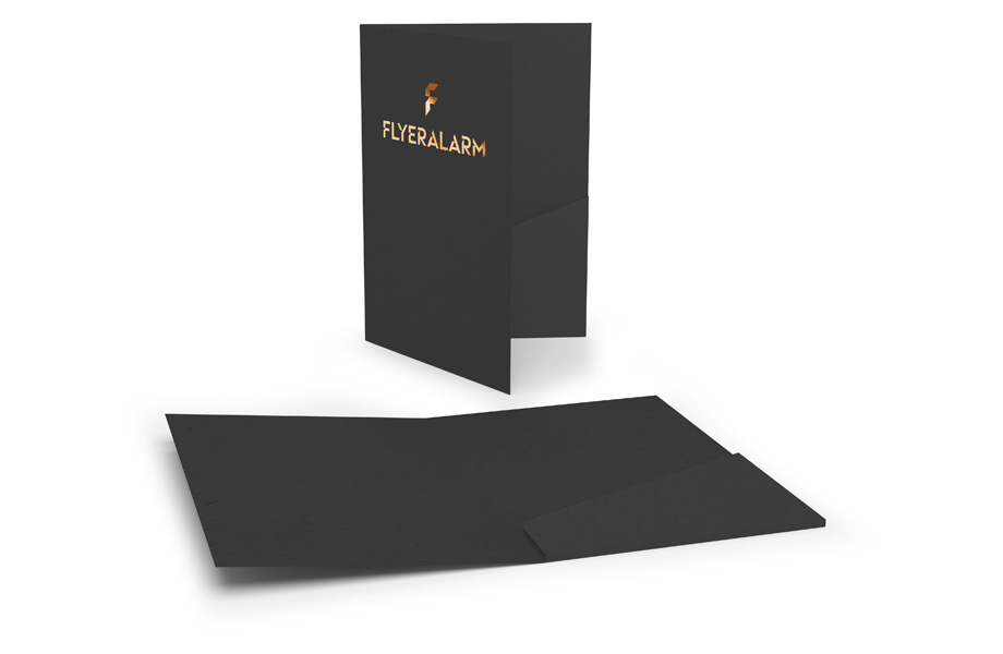 Folders with glued pocket, black card with copper hot foil